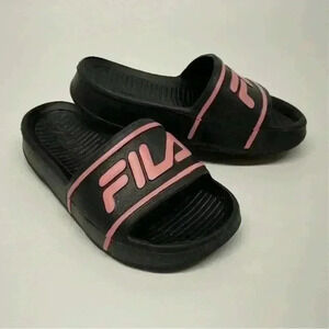 Fila Slide Sandals Black Pink Logo Slip On Flip Flops